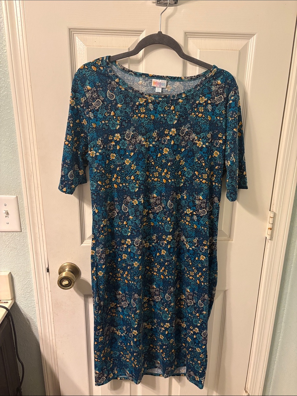 LuLaRoe Teal Floral Midi Dress with Yellow Accents